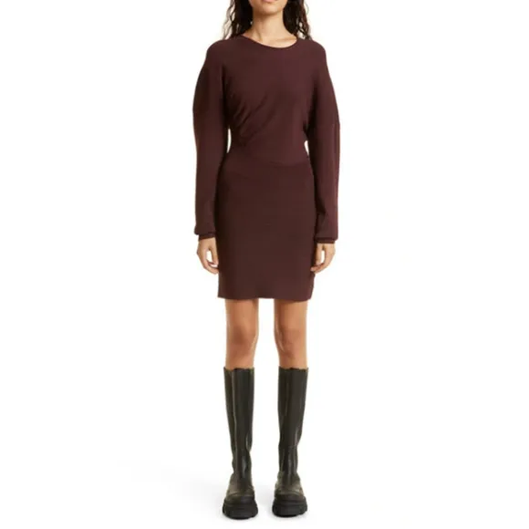 NEW Ganni Mini Sweater Dress Women's Size Small Maroon Ribbed Knit Long Sleeve