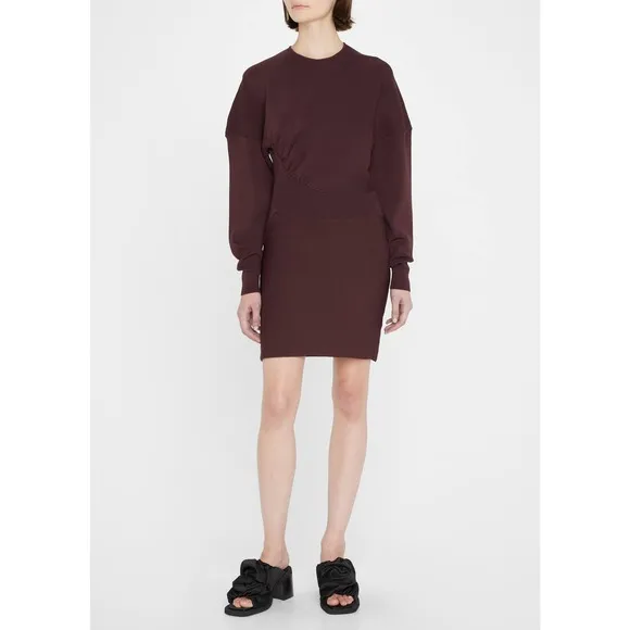 NEW Ganni Mini Sweater Dress Women's Size Small Maroon Ribbed Knit Long Sleeve