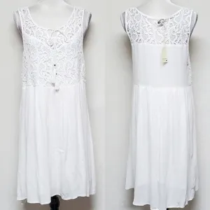 NEW Jodifl Crisp White Mixed Media Crochet Crinkle Material Midi Summer Dress