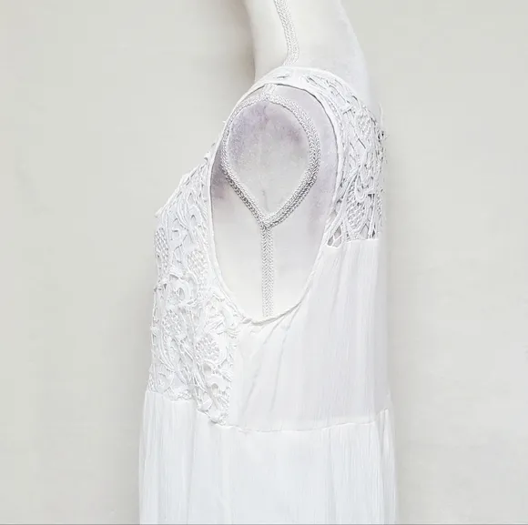 NEW Jodifl Crisp White Mixed Media Crochet Crinkle Material Midi Summer Dress