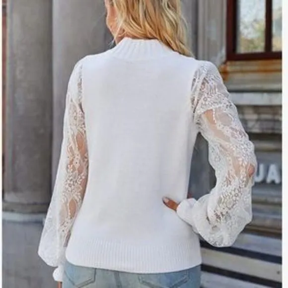 New Mock Neck Cable Knit Lace Sleeves Pullover Sweater