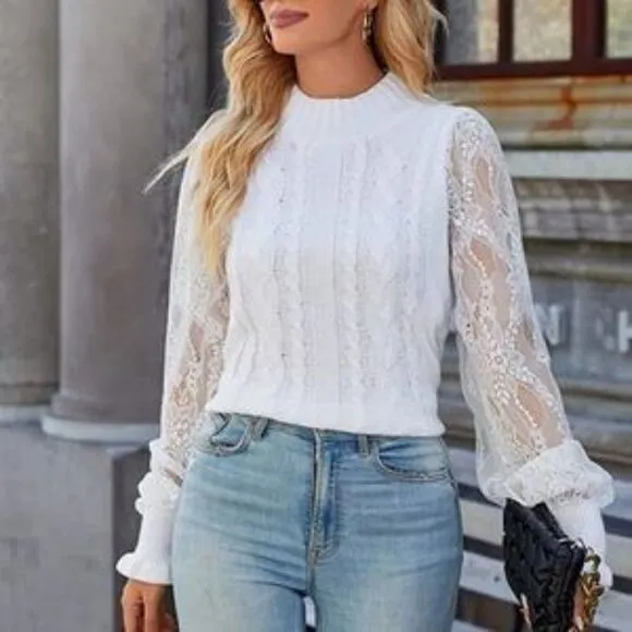 New Mock Neck Cable Knit Lace Sleeves Pullover Sweater