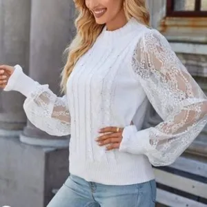 New Mock Neck Cable Knit Lace Sleeves Pullover Sweater