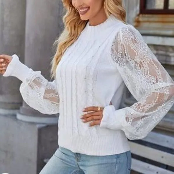 New Mock Neck Cable Knit Lace Sleeves Pullover Sweater
