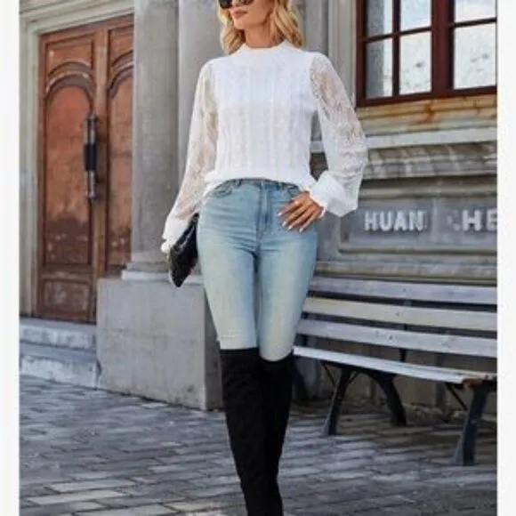 New Mock Neck Cable Knit Lace Sleeves Pullover Sweater