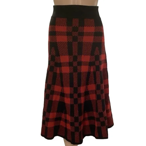 NEW POLI RALPH LAUREN Women's Skirt Plaid Wool Midi Size XS Red/Black