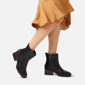 New Sorel Womens Cate Bootie Ankle Boots Black Leather Block Heel Waterproof 9