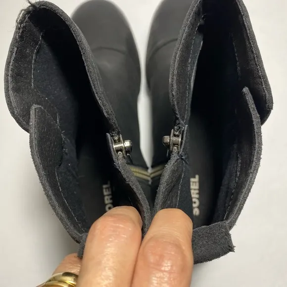 New Sorel Womens Cate Bootie Ankle Boots Black Leather Block Heel Waterproof 9