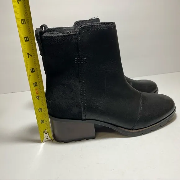 New Sorel Womens Cate Bootie Ankle Boots Black Leather Block Heel Waterproof 9