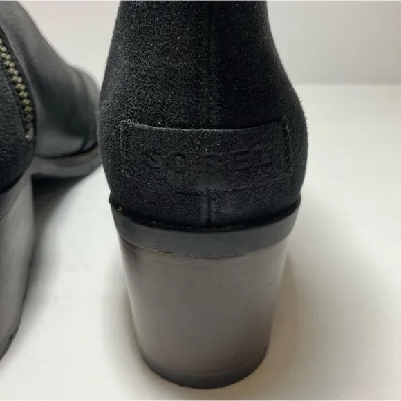 New Sorel Womens Cate Bootie Ankle Boots Black Leather Block Heel Waterproof 9
