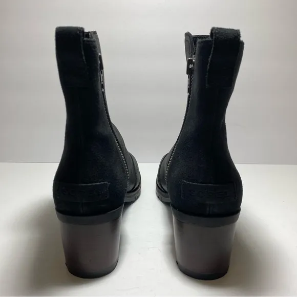 New Sorel Womens Cate Bootie Ankle Boots Black Leather Block Heel Waterproof 9