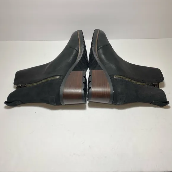 New Sorel Womens Cate Bootie Ankle Boots Black Leather Block Heel Waterproof 9