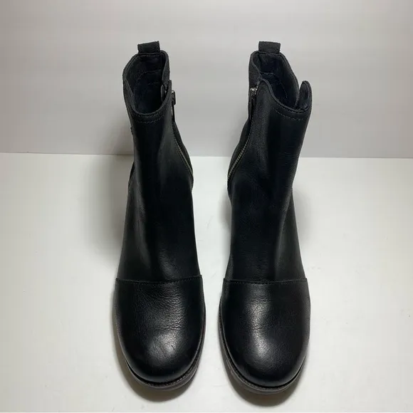New Sorel Womens Cate Bootie Ankle Boots Black Leather Block Heel Waterproof 9