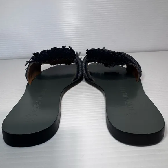 New Tory Burch Raffia Ripe Fringe Blue Leather Sandals Size 6