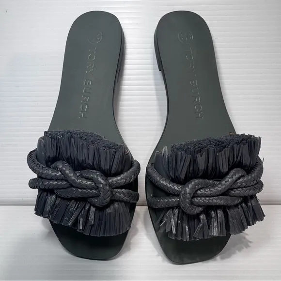 New Tory Burch Raffia Ripe Fringe Blue Leather Sandals Size 6