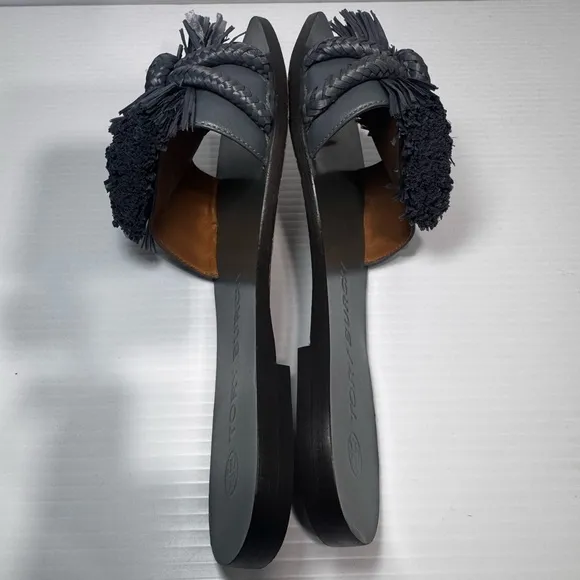 New Tory Burch Raffia Ripe Fringe Blue Leather Sandals Size 6
