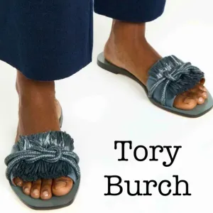 New Tory Burch Raffia Ripe Fringe Blue Leather Sandals Size 6