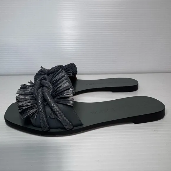 New Tory Burch Raffia Ripe Fringe Blue Leather Sandals Size 6