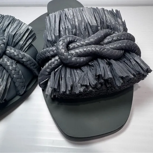 New Tory Burch Raffia Ripe Fringe Blue Leather Sandals Size 6