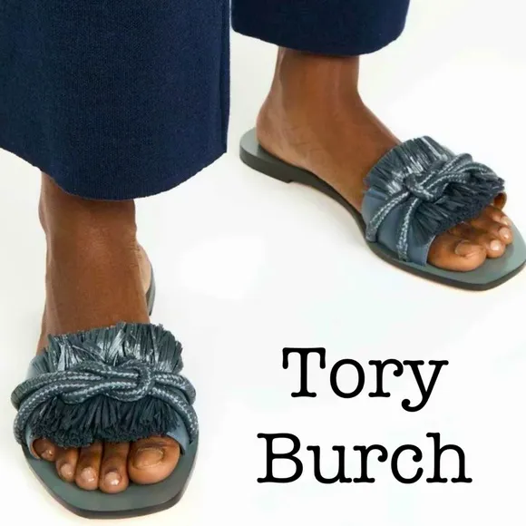 New Tory Burch Raffia Ripe Fringe Blue Leather Sandals Size 6