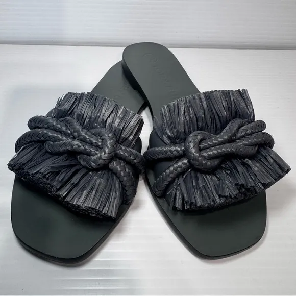 New Tory Burch Raffia Ripe Fringe Blue Leather Sandals Size 6