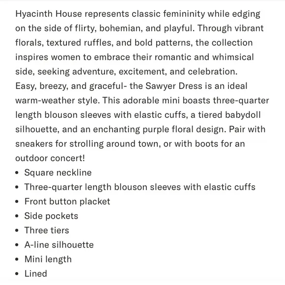 New: Tuckernuck Hyacinth House Sawyer Dress with Pockets. Size Small