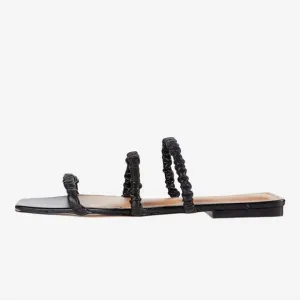 New Who What Wear Slide Sandal in Black Nappa Leather flat three straps slip on