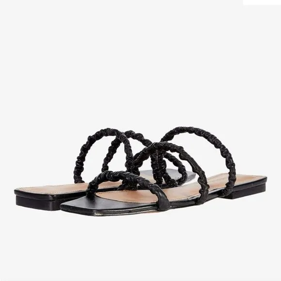 New Who What Wear Slide Sandal in Black Nappa Leather flat three straps slip on