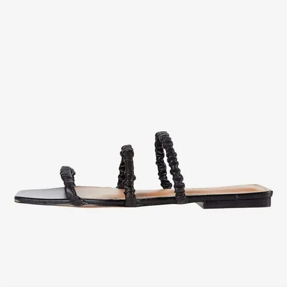 New Who What Wear Slide Sandal in Black Nappa Leather flat three straps slip on