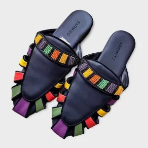New FarmRio Colorfully Beaded Black Sandals Mules Size US7/EU38