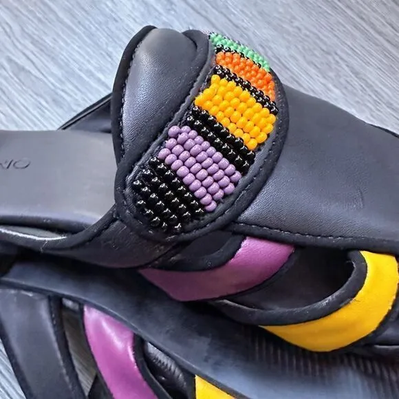 New FarmRio Colorfully Beaded Black Sandals Mules Size US7/EU38