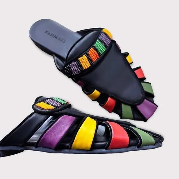 New FarmRio Colorfully Beaded Black Sandals Mules Size US7/EU38