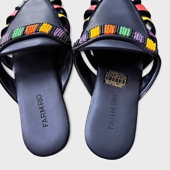 New FarmRio Colorfully Beaded Black Sandals Mules Size US7/EU38