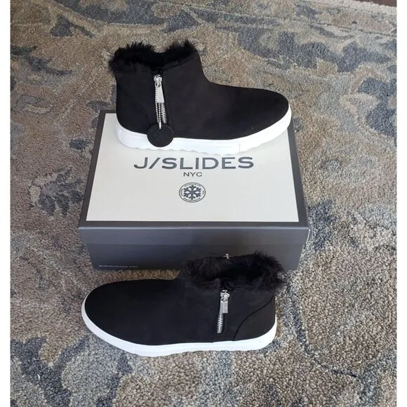 NIB J Slides Poppy Black Nubuck Fur Lined Waterproof Platform Sneaker Boots 8.5