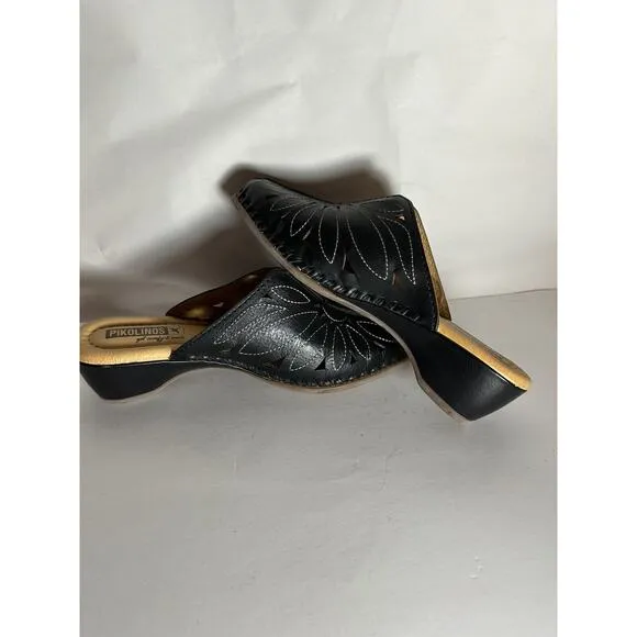 NIB PIKOLINOS Black Leather Slip On Mule Wedge Sandals Women Size 39 / 8.5 US