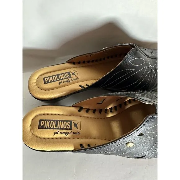 NIB PIKOLINOS Black Leather Slip On Mule Wedge Sandals Women Size 39 / 8.5 US