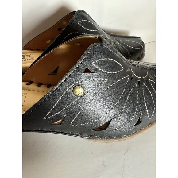 NIB PIKOLINOS Black Leather Slip On Mule Wedge Sandals Women Size 39 / 8.5 US