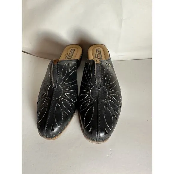 NIB PIKOLINOS Black Leather Slip On Mule Wedge Sandals Women Size 39 / 8.5 US