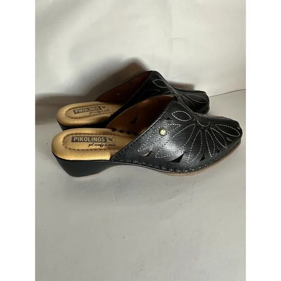 NIB PIKOLINOS Black Leather Slip On Mule Wedge Sandals Women Size 39 / 8.5 US