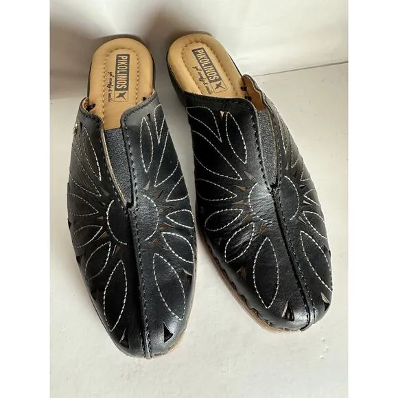 NIB PIKOLINOS Black Leather Slip On Mule Wedge Sandals Women Size 39 / 8.5 US