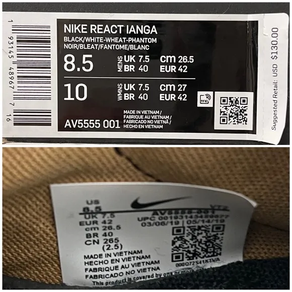 Nike- React Ianga Black White Wheat Phantom Theioth Shoes Size Men’s 8.5