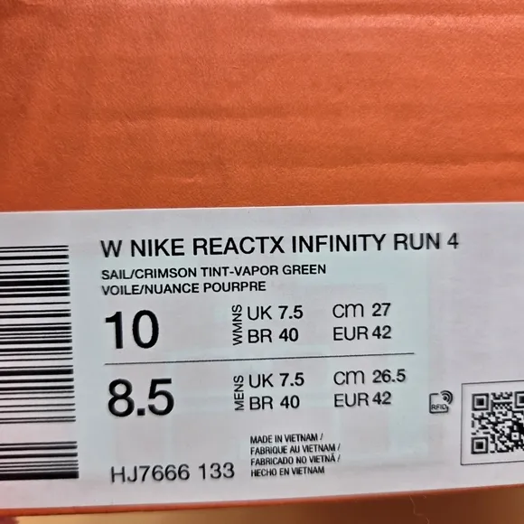 Nike ReactX Infinity Run 4 Sail Crimson Tint Women's Running Shoes Size 10
