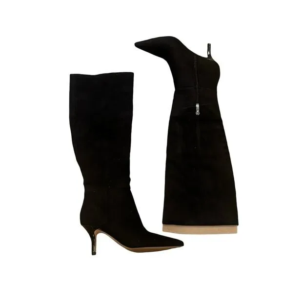 Nine West Myfin Suede Knee High Boot Pointed Toe Stiletto Heel Black SZ 6M NWOB