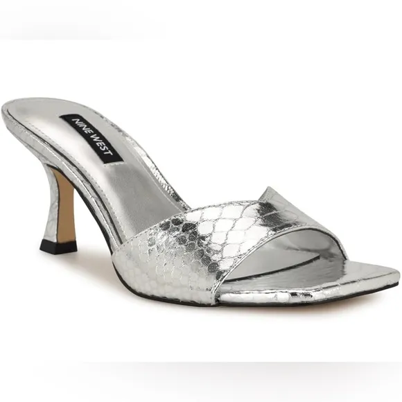 NINE WEST Rokke Slide Sandals, Metallic Silver Snake 9