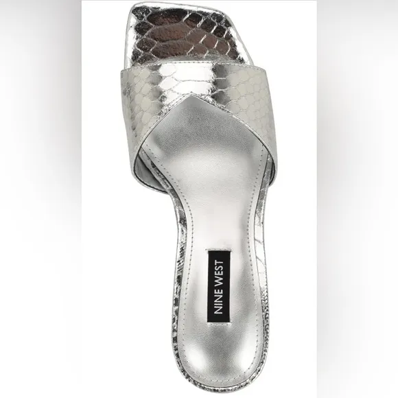 NINE WEST Rokke Slide Sandals, Metallic Silver Snake 9