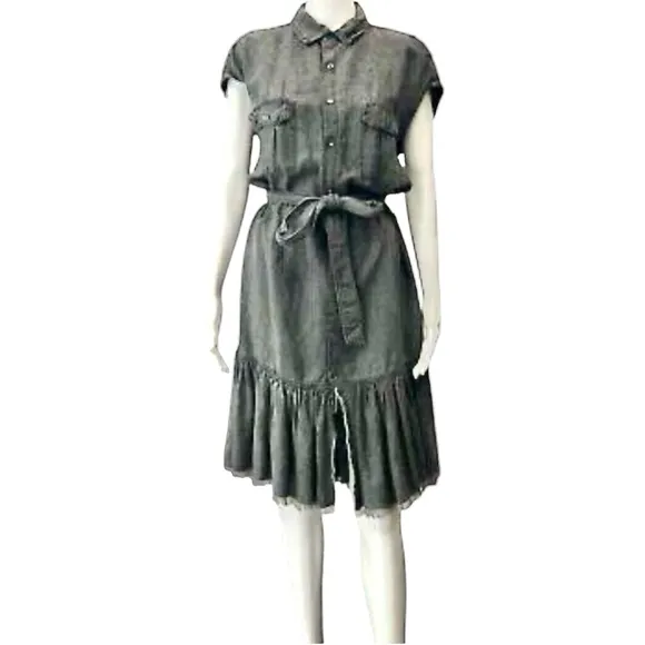 NSF Charcoal Gray Denim Belted Raw Hem Collared Shirt Dress – Size Medium