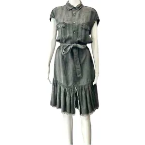 NSF Charcoal Gray Denim Belted Raw Hem Collared Shirt Dress – Size Medium