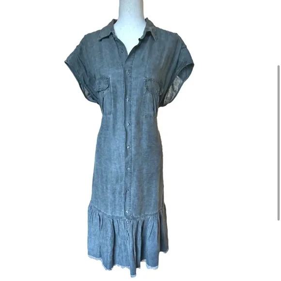NSF Charcoal Gray Denim Belted Raw Hem Collared Shirt Dress – Size Medium