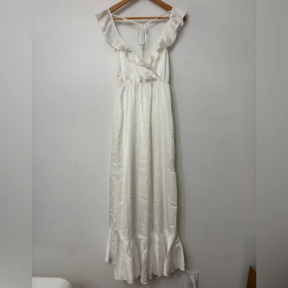 NWOT Show Me Your Mumu Samantha Ruffle Wrap Satin Midi Dress in Luxe Ivory Satin