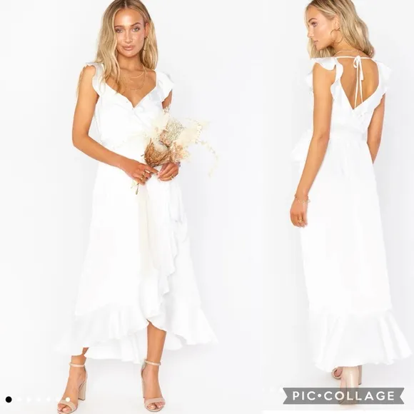 NWOT Show Me Your Mumu Samantha Ruffle Wrap Satin Midi Dress in Luxe Ivory Satin
